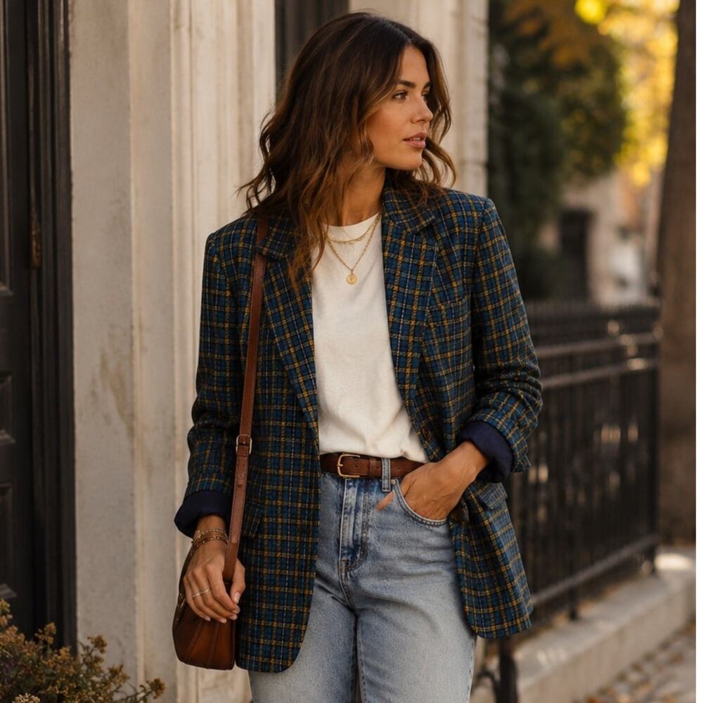 Vintage Ellen Tracy Wool Plaid Blazer Womens 6 Oversized Boyfriend Jacket